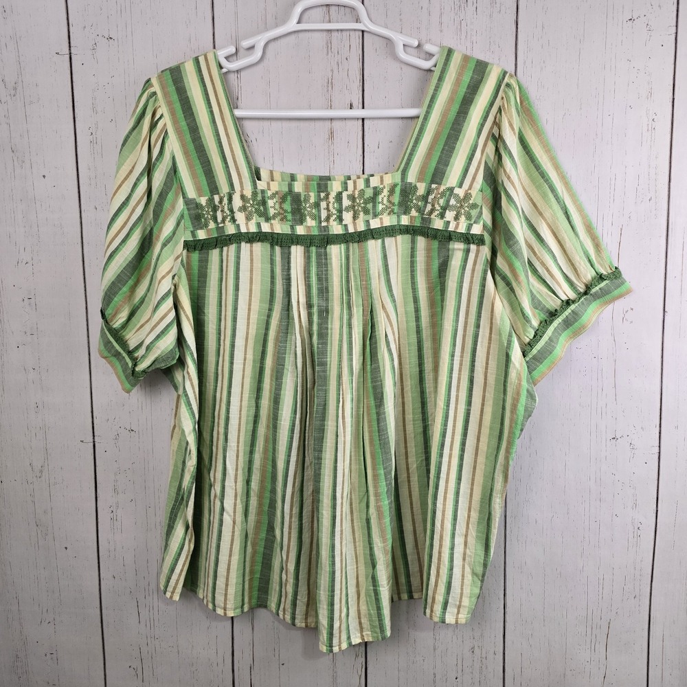 Venezia Blouse Women 26/28 Green Striped Embroidered Square Neck Cotton Boho